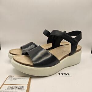 ECCO WOMEN'S 41 FLOWT WEDGE LEATHER CORK HEELED SANDAL BLACK NWOB 27231351052